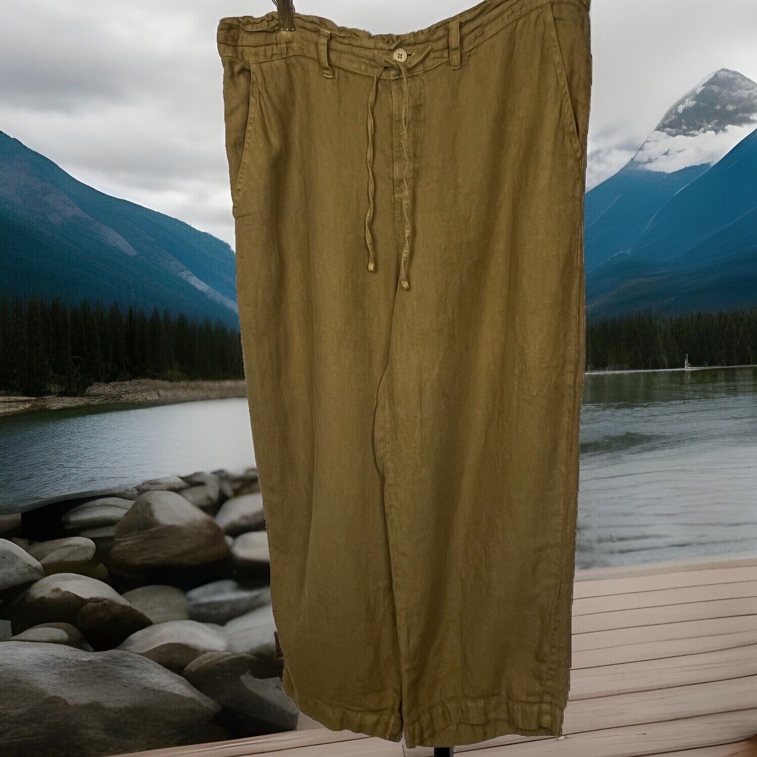 Cp Shades Pants High Waist Wide Leg Capri Drawstring Brown 100% Linen Medium Usa